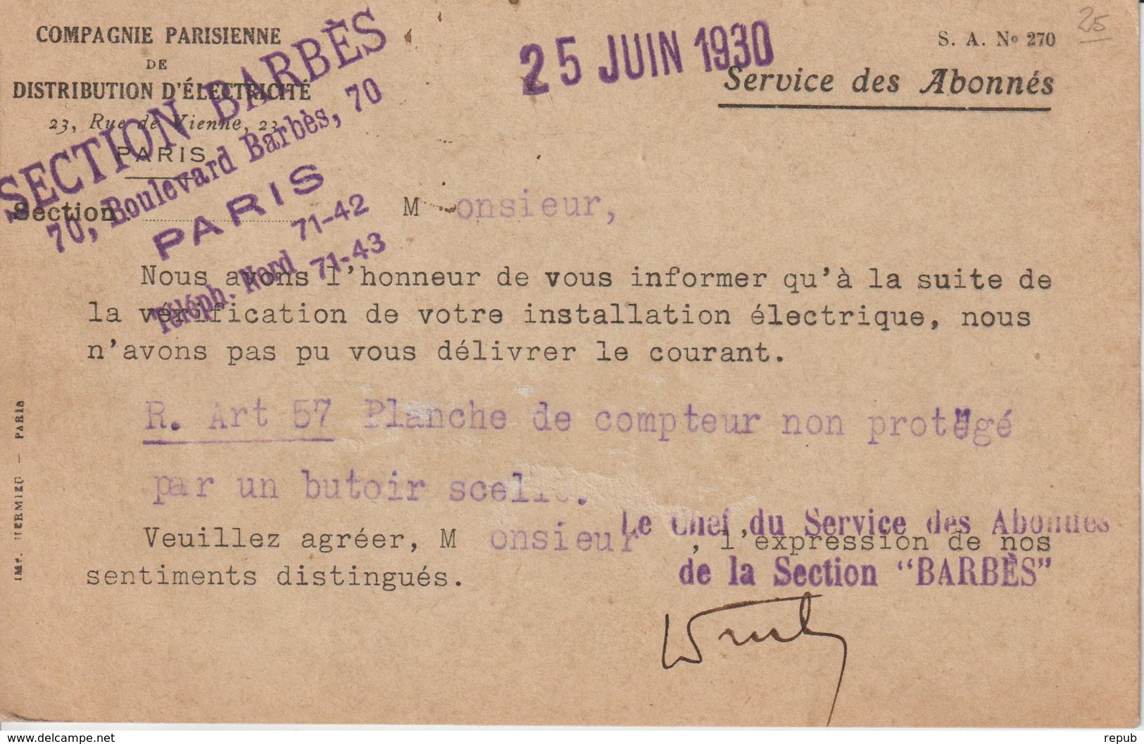 Carte Commerciale 1930 De Paris XVIII Pour Paris Théme Electricité - 1921-1960: Periodo Moderno