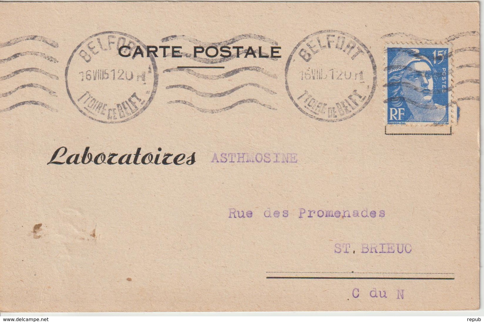 Carte Commerciale 1951 De Belfort Pour St Brieuc Oblit. Krag - 1921-1960: Modern Period