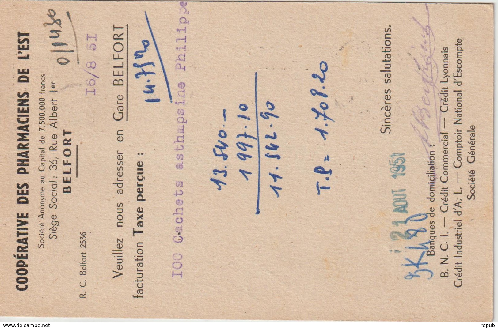 Carte Commerciale 1951 De Belfort Pour St Brieuc Oblit. Krag - 1921-1960: Modern Period