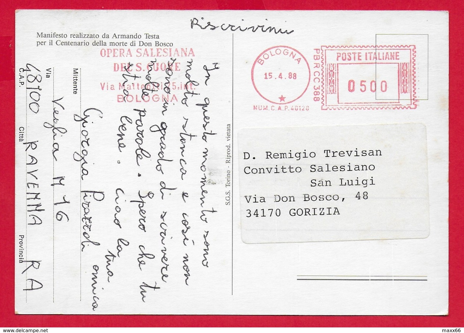 CARTOLINA VG ITALIA - DON BOSCO Ragazzi In Festa BOLOGNA Manifesto Centenario Morte - 10 X 15 - 1988 MECCANICA ROSSA - Santi