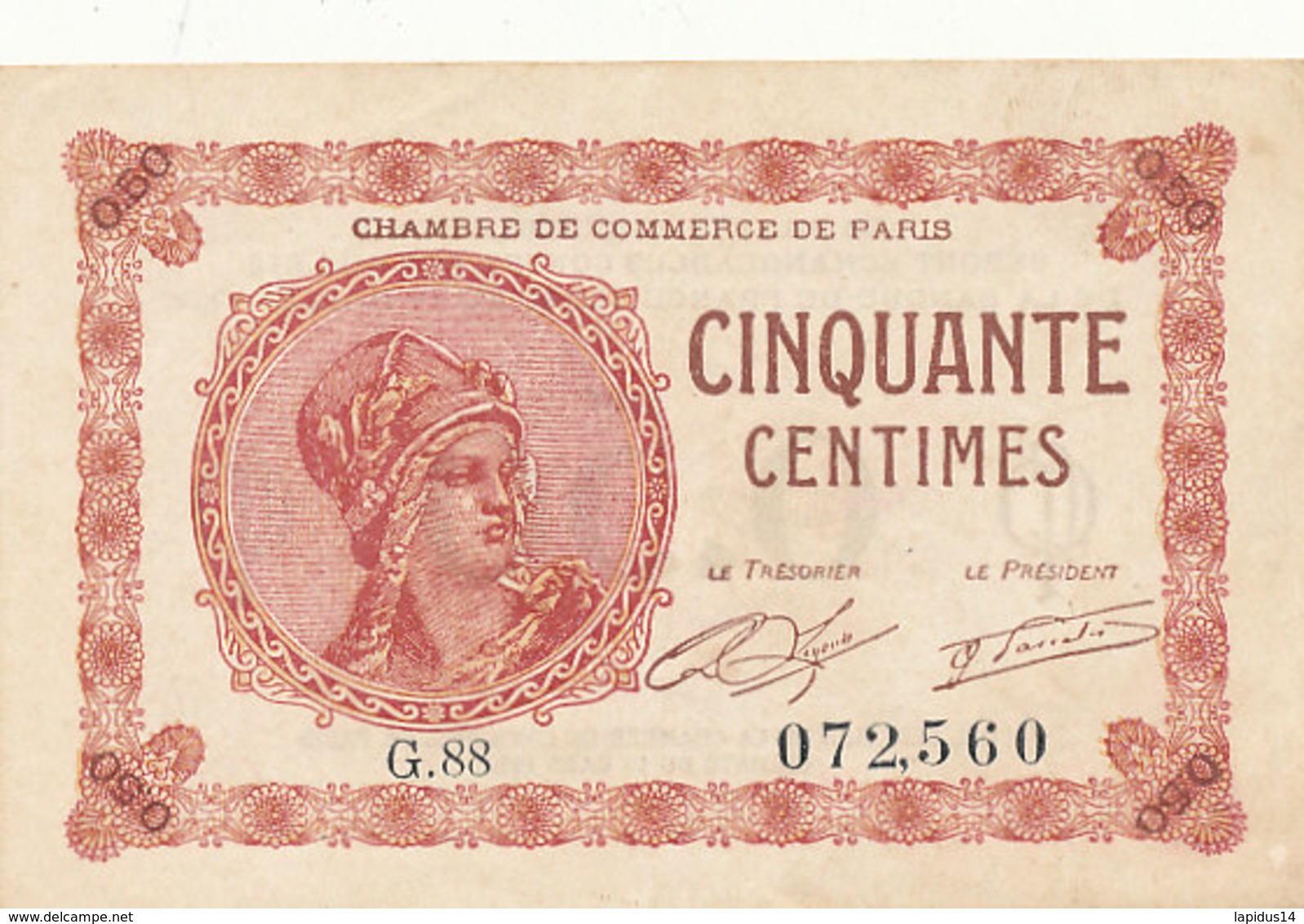 BILLET CHAMBRE DE COMMERCE DE PARIS  CINQUANTE CENTIMES 10 MARS 1920 - Chamber Of Commerce