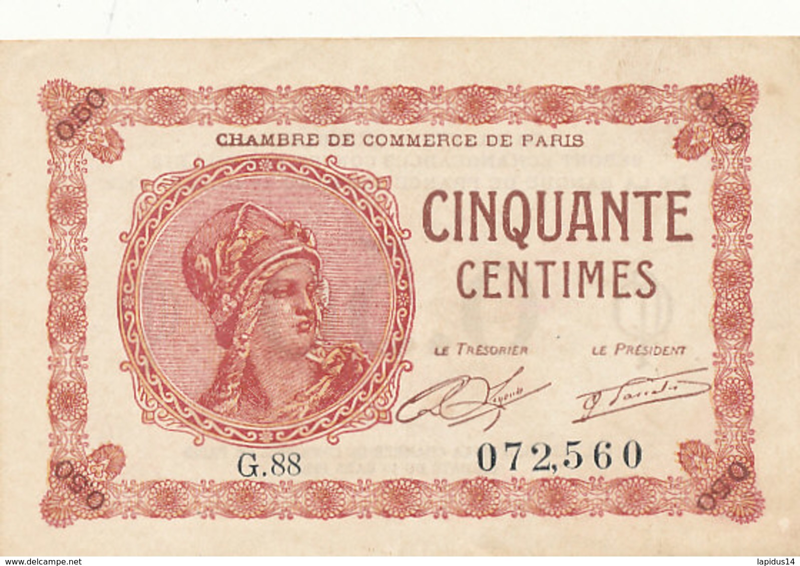 BILLET CHAMBRE DE COMMERCE DE PARIS  CINQUANTE CENTIMES 10 MARS 1920 - Chambre De Commerce