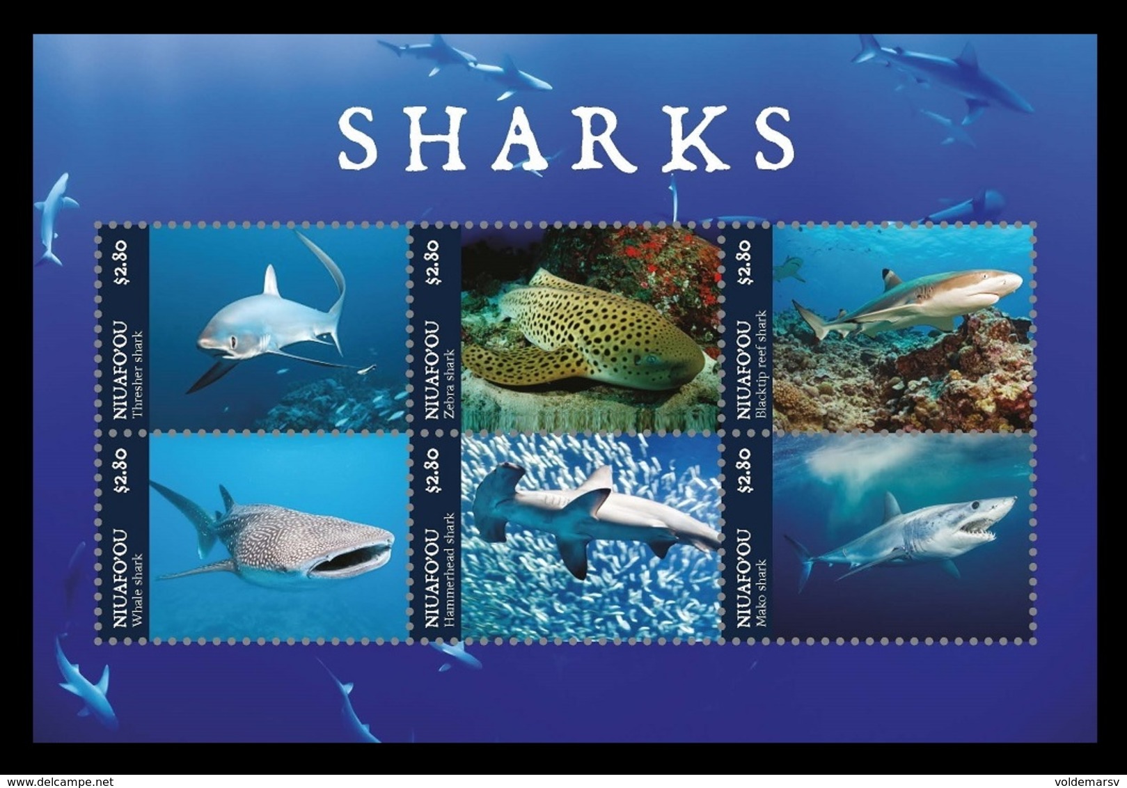 Tonga (Niuafo'ou) 2019 Mih. 722/27 (Bl.85) Fauna. Sharks MNH ** - Tonga (1970-...)