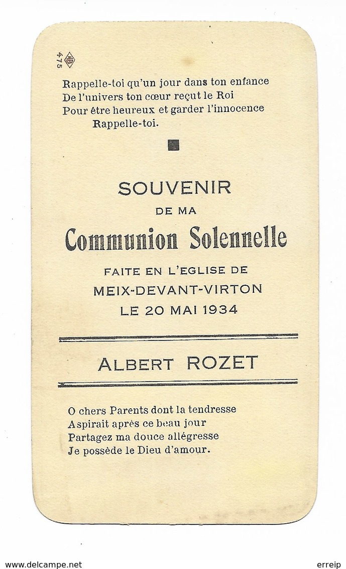 Meix Devant Virton Albert Rozet Souvenir De Communion Solennelle 20 Mai 1934 - Meix-devant-Virton