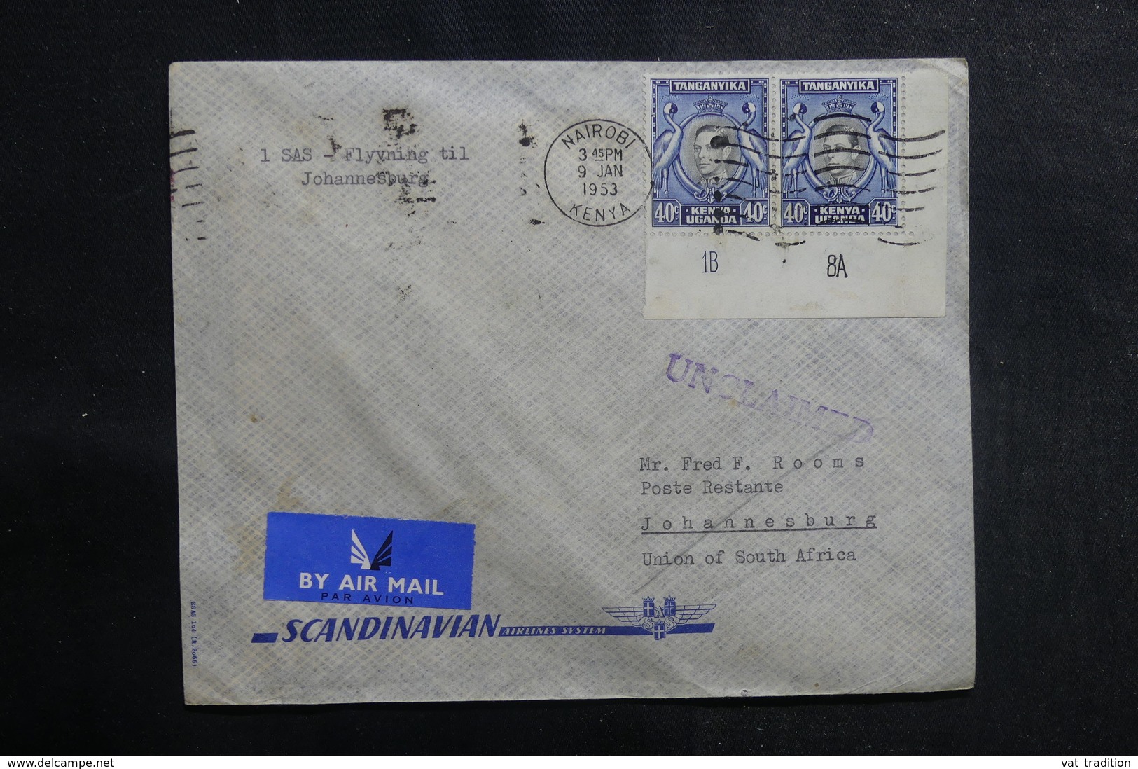 KENYA - Enveloppe 1er Vol De Nairobi Pour Johannesburg En 1953, Affranchissement Plaisant - L 39996 - Kenya, Ouganda & Tanganyika