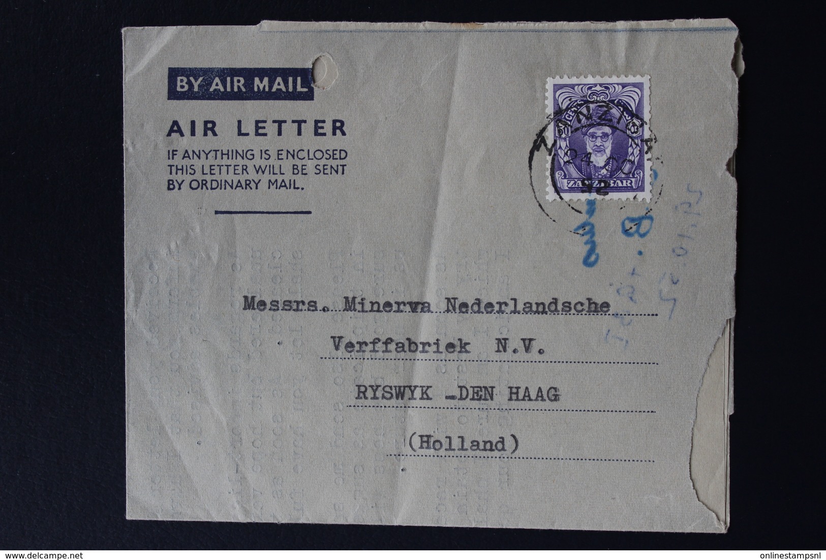 ZANZIBAR AIRLETTER  1952 TO RIJSWIJK HOLLAND SG 347 - Zanzibar (...-1963)