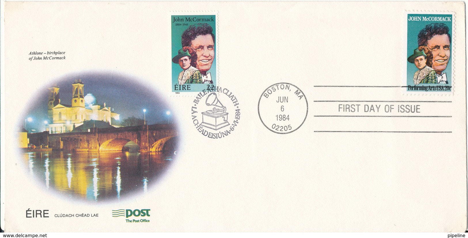 Ireland FDC 6-6-1984 Joint Issue With USA John Mc.Cormack SINGER With Cachet - Emissions Communes