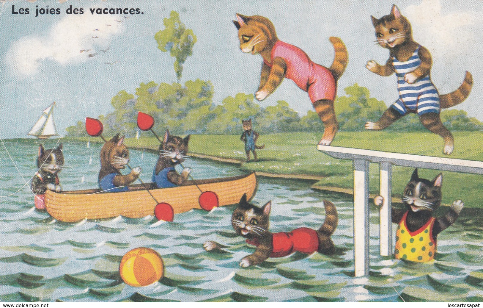 Chats Humanises En Maillot De Bain - Les Joies Des Vacances : Jeu Dans Dans L'eau Canoe (lot Pat 80) - Cats