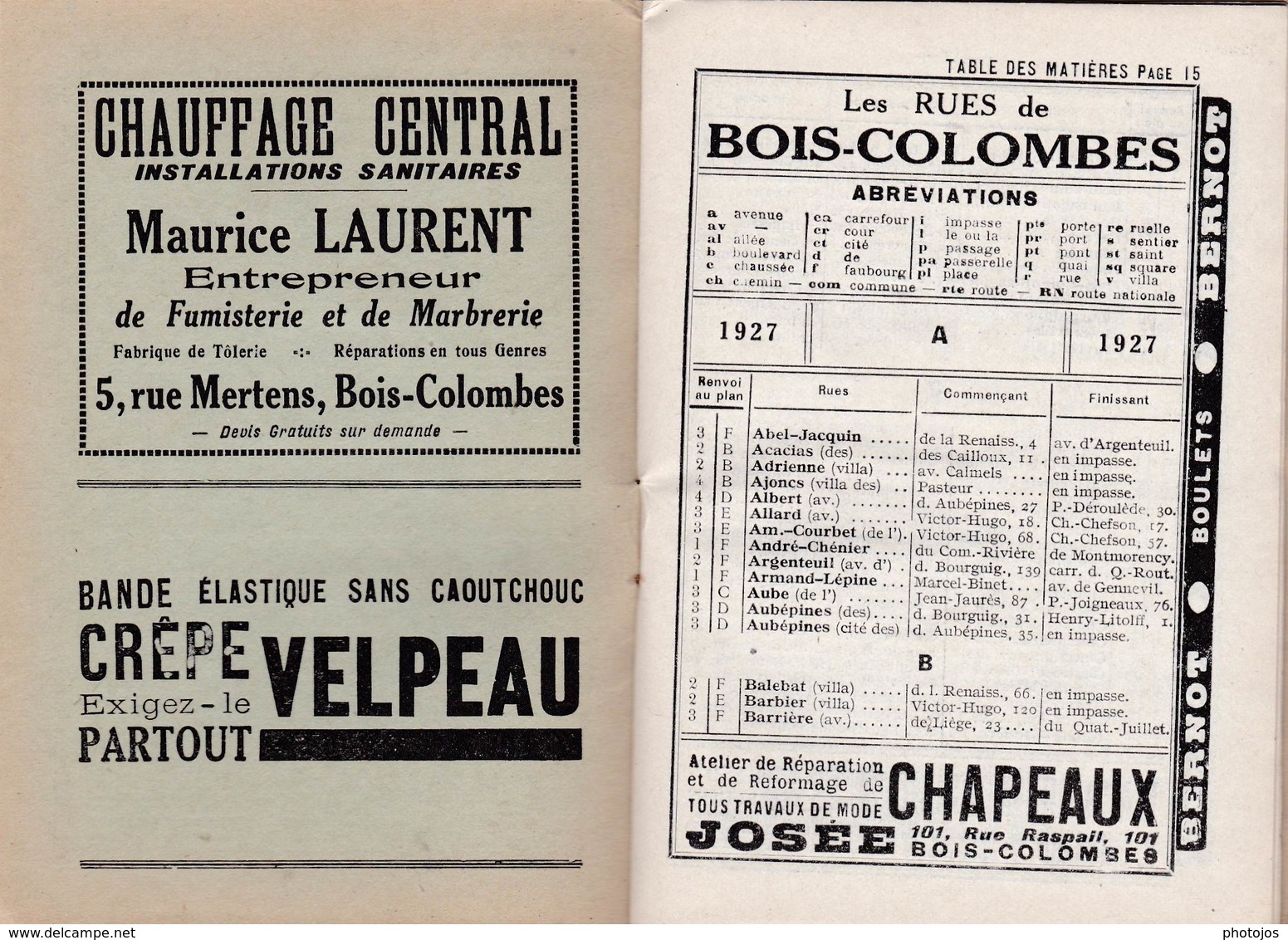 Les Guides Verts : Bois-Colombes (92) Plan Rues Renseignements En 1927  Publicités Commerciales - Europe