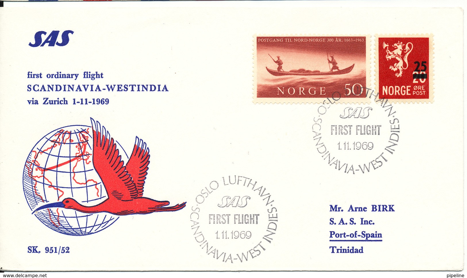 Norway First Ordinary SAS Flight Scandinavia - Westindia Via Zurich 1-11-1969 - Covers & Documents