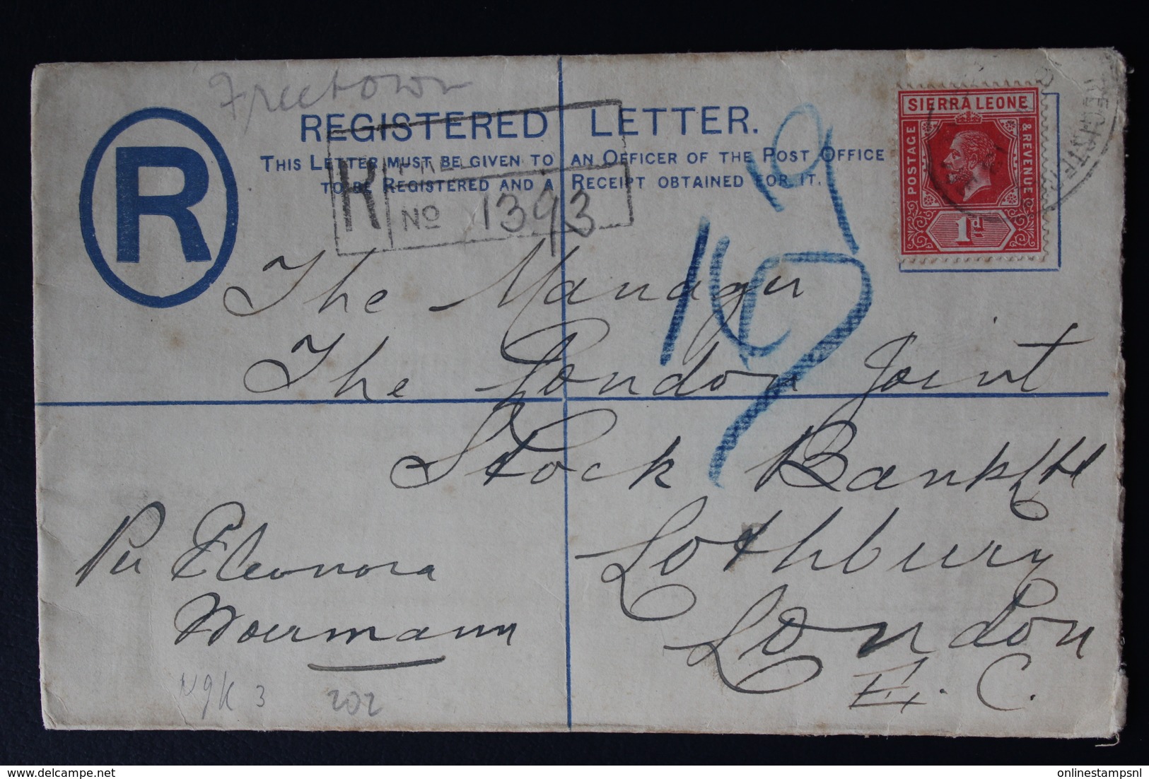 SIERRA LEONE REGISTERED LETTER  HG 3A +SG 113 FREETOWN -> LONDON 1913  WAXSEALED - Sierra Leona (...-1960)