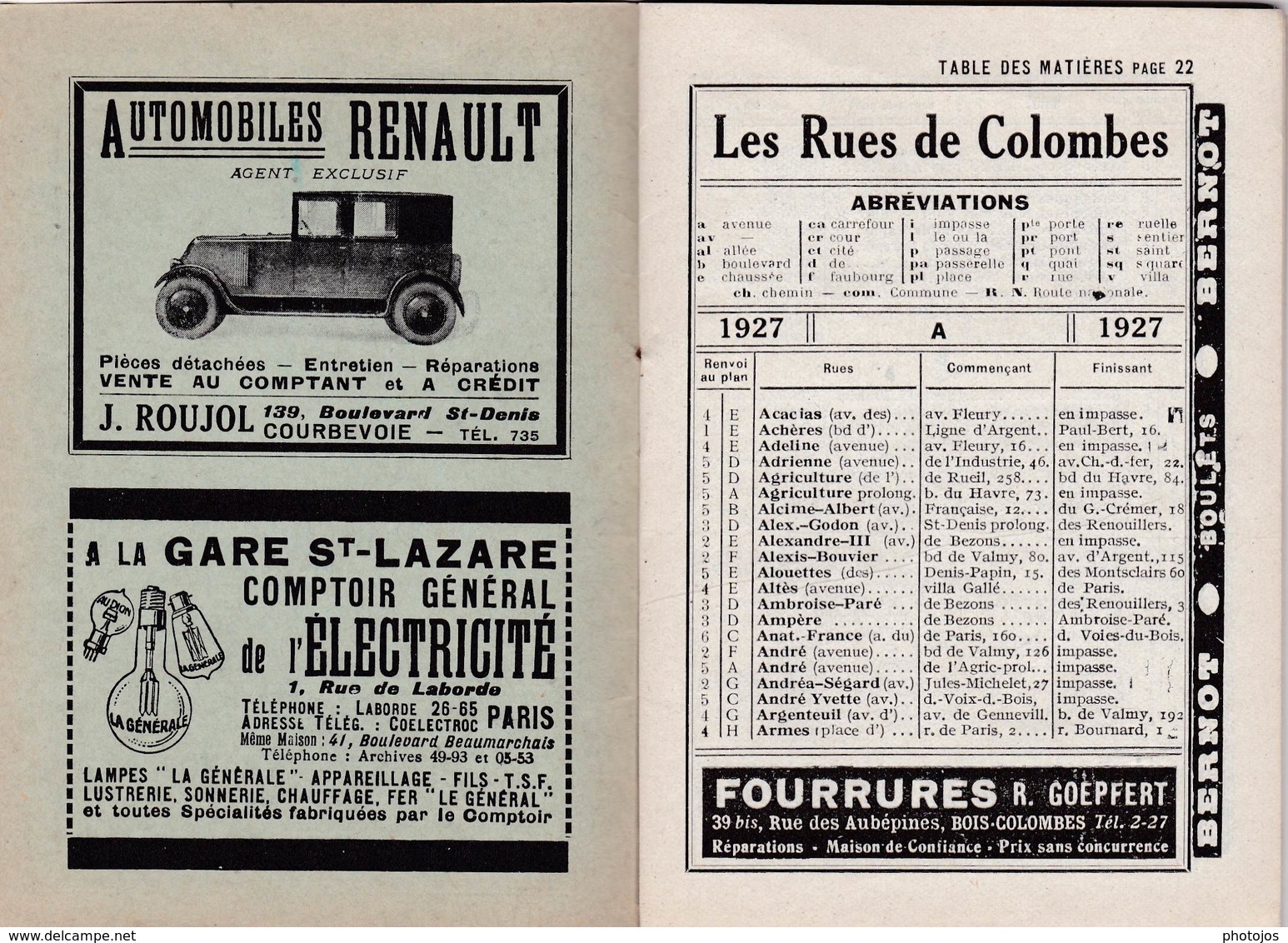 Les Guides Verts : Colombes (92) Plan Rues Renseignements En 1927  Publicités Commerciales - Europe