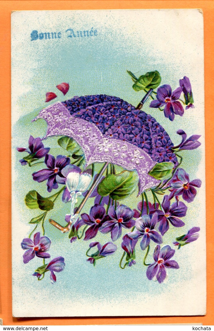 I012, Parapluie, Violettes, Relief, Circulée 1917 - Nouvel An