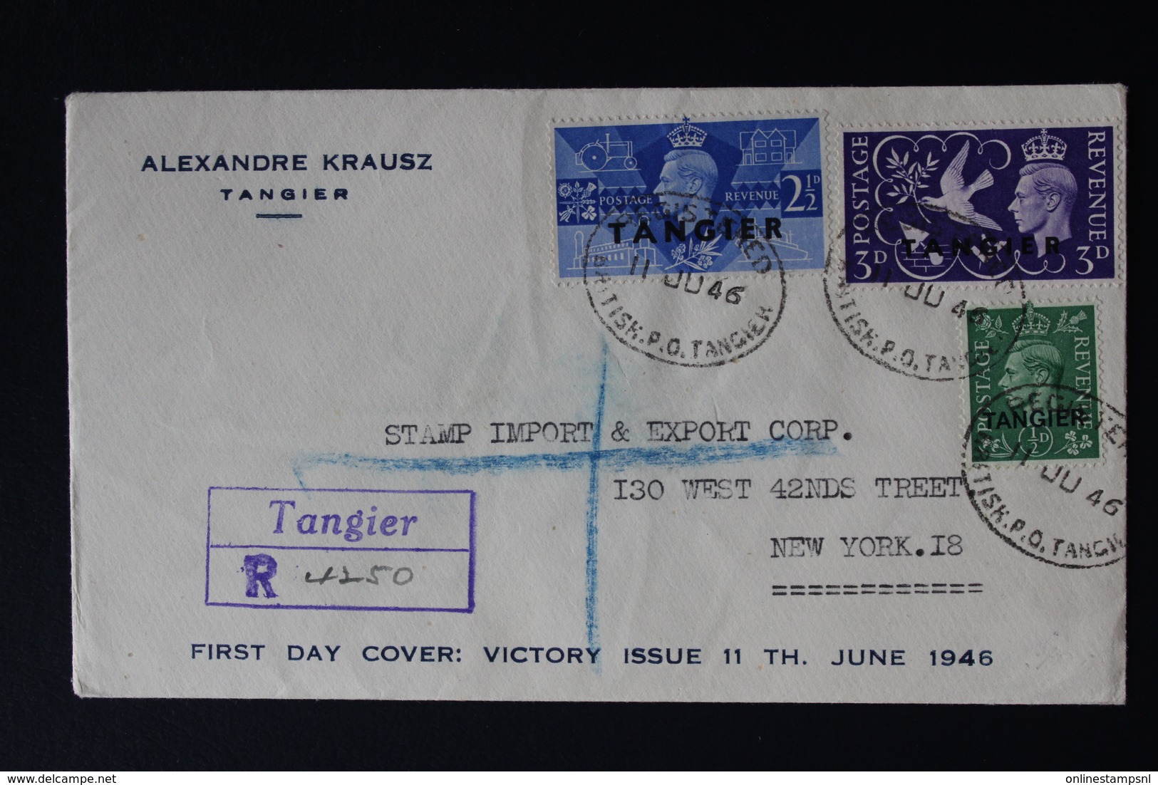 MOROCCO AGENCIES REGISTERED FIRST DAY COVER 11TH JUNE 1946 SG 251 - 253 - 254  TANGIER -> NEW YORK - Morocco Agencies / Tangier (...-1958)