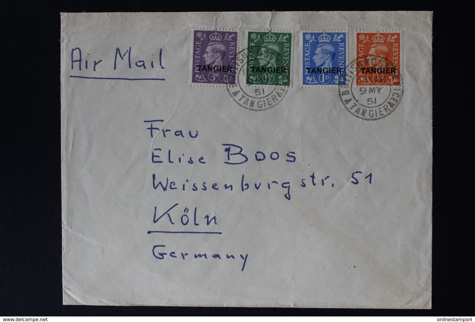 MOROCCO AGENCIES AIRMAIL COVER 9-5-1951 SG  263 - 280 - 281 - 282  TANGER TO COLN GERMANY 4 COLOR FRANKING - Morocco Agencies / Tangier (...-1958)