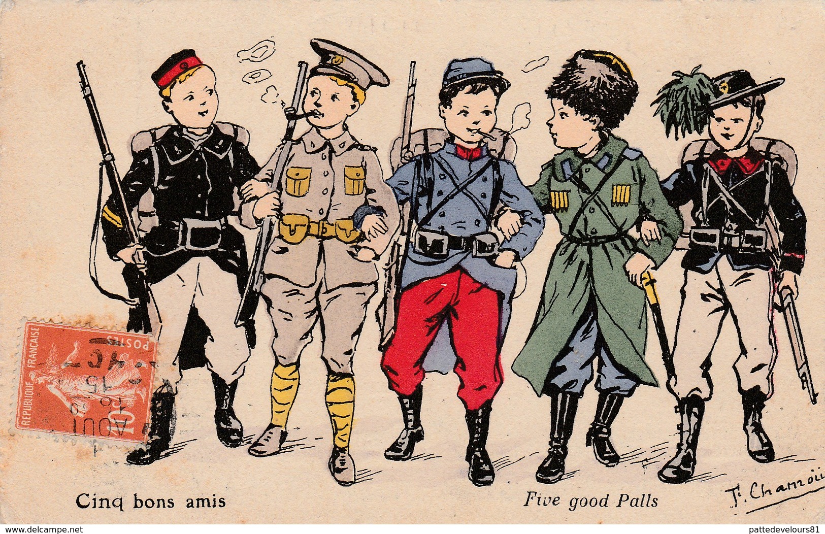 CPA Patriotique Militaria Militaire Pays Alliés "Cinq Bons Amis" Illustrateur (2 Scans) - Patrióticos