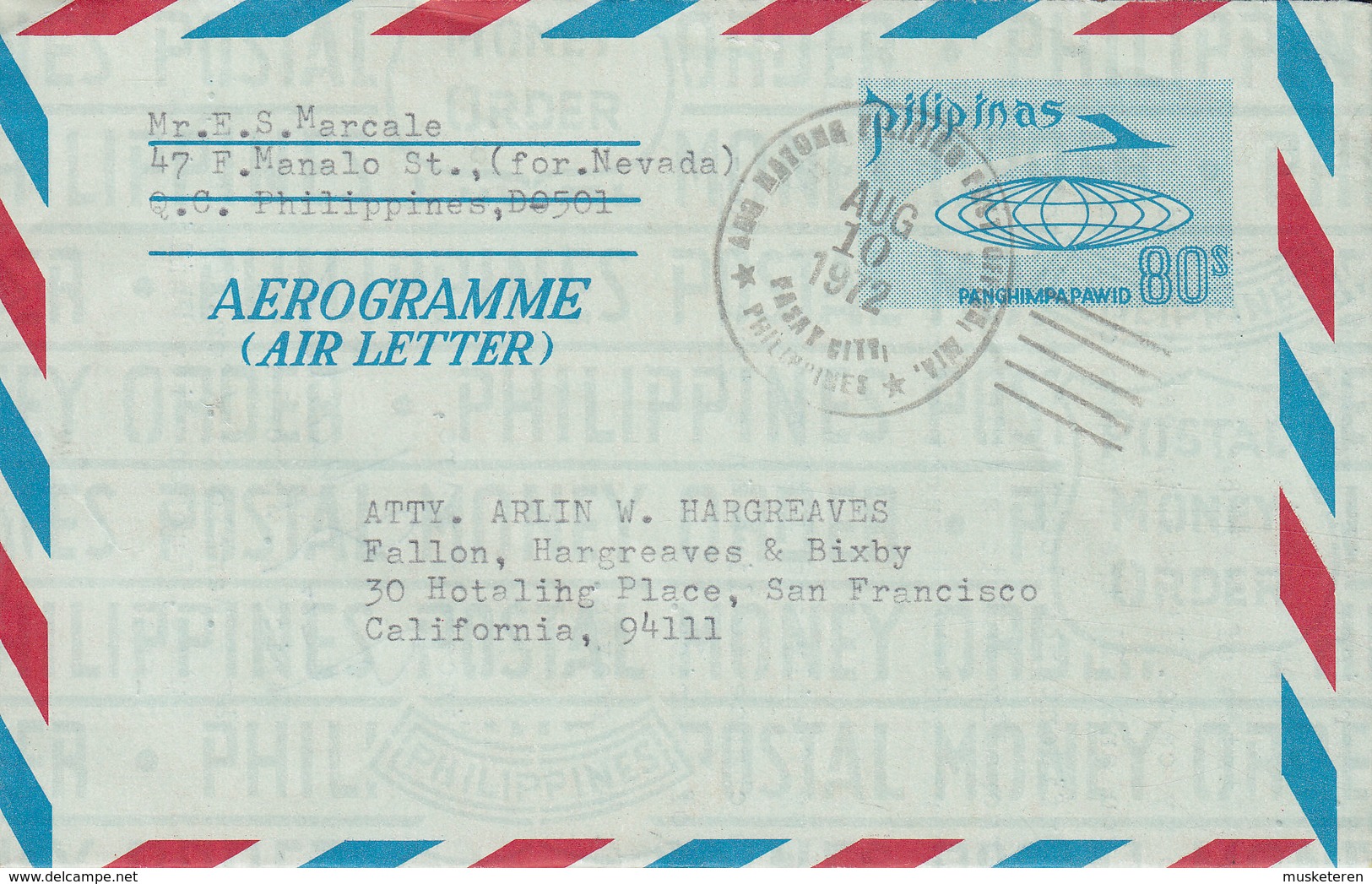 Philippines Postal Stationery Ganzsache Entier Aerogramme (Air Letter) FASAY CITY 1972 SAN FRANCISCO United States - Philippinen