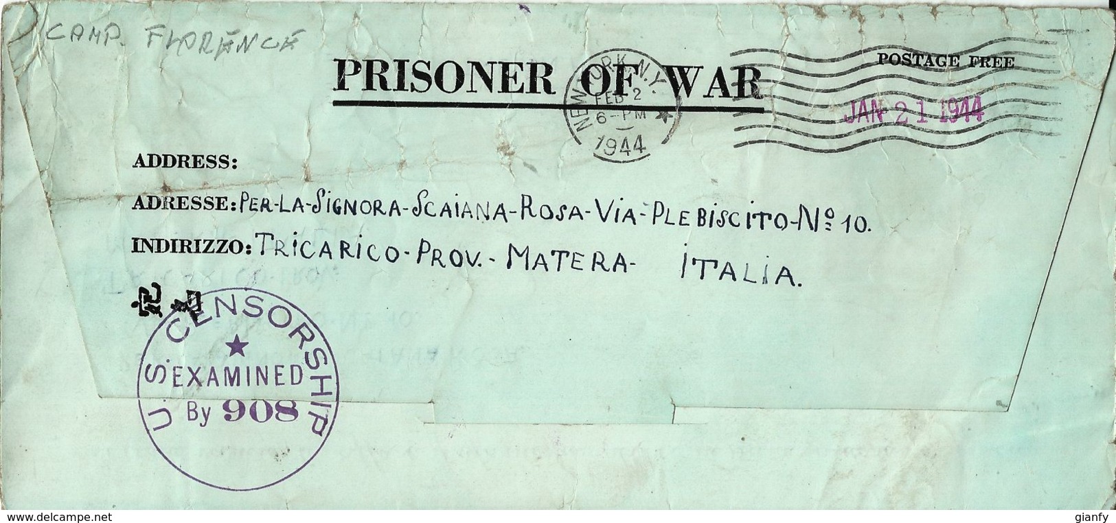 BIGLIETTO PRIGIONIERI UNITED STATES POW CAMP FLORENCE ARIZONA 1944 TRICARICO - Posta Militare (PM)