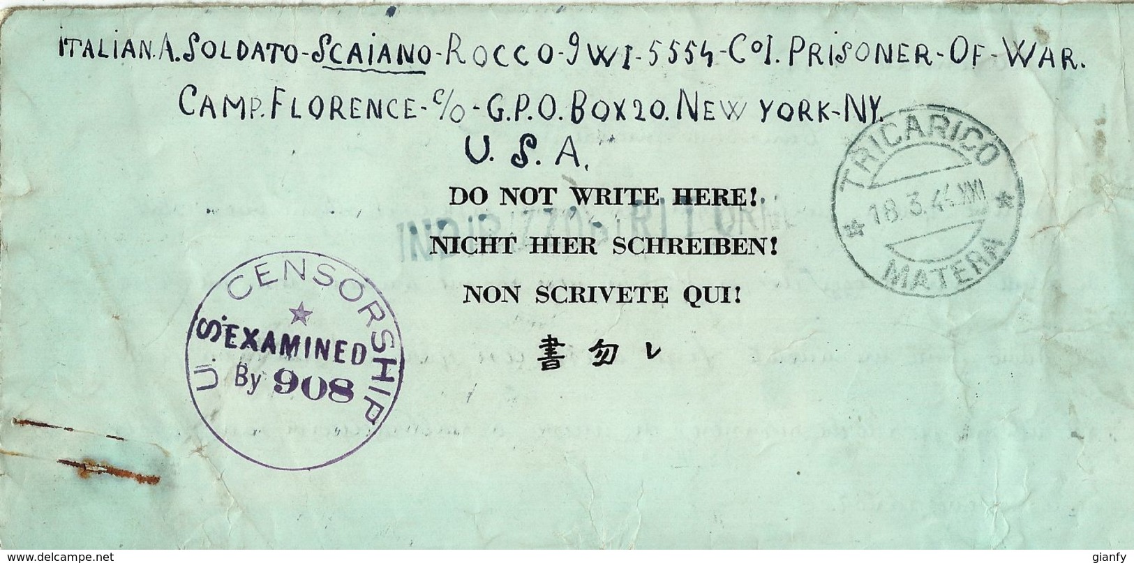 BIGLIETTO PRIGIONIERI UNITED STATES POW CAMP FLORENCE ARIZONA 1944 TRICARICO - Military Mail (PM)
