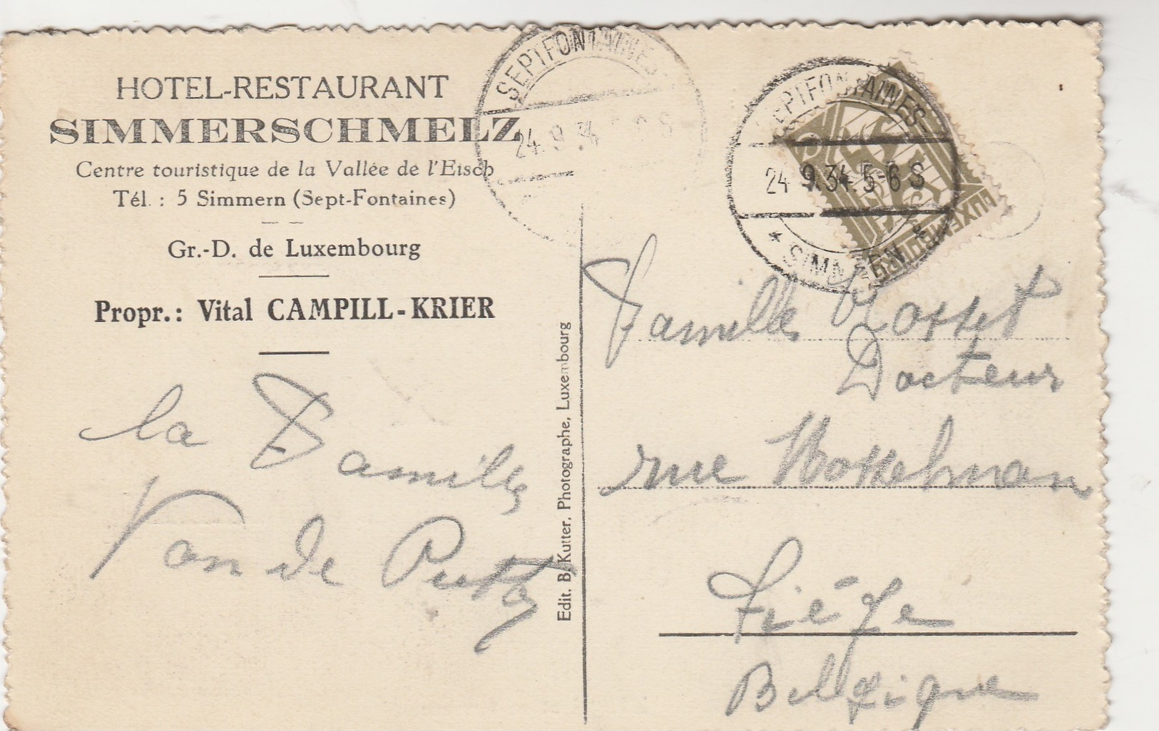 Simmerschmelz ( Sept-Fontaine ) , Hotel -Restaurant SIMMERSCHMELZ , Vallée De L'Etch , Prop. Vital Campill-Krier - Altri & Non Classificati