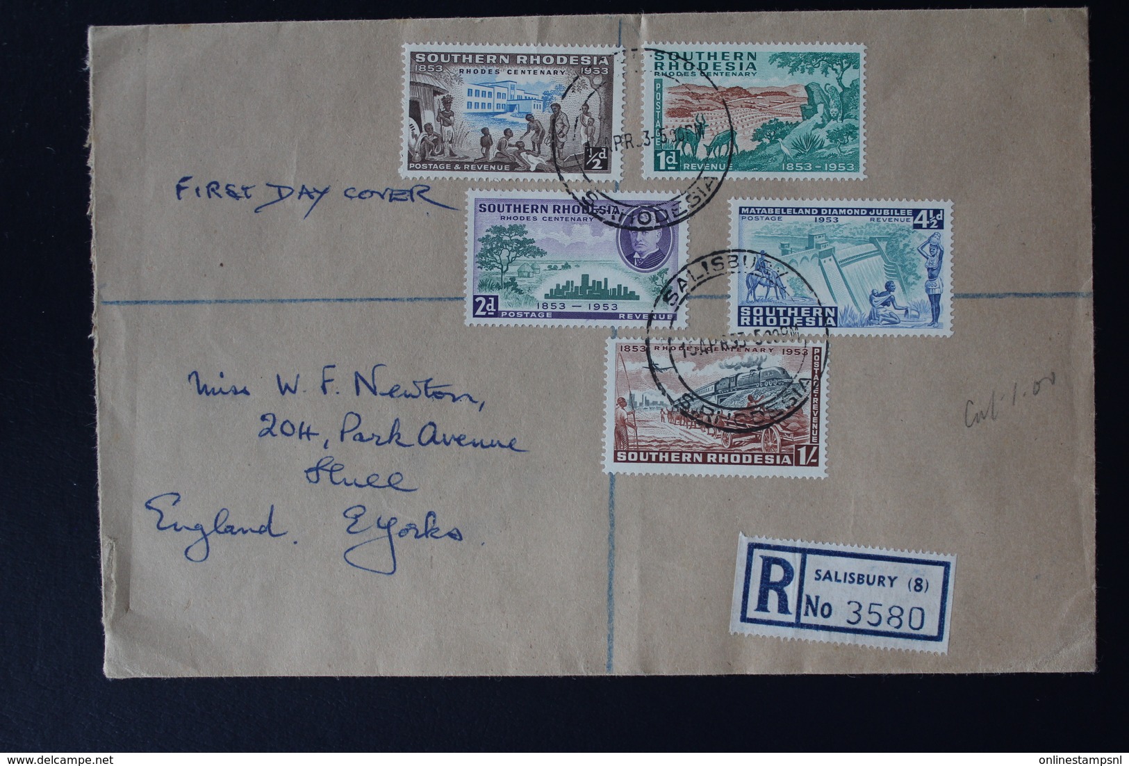 SOUTHERN RHODESIA REGISTERED FDC  SALISBURY -> HULL 1953 RHODES CENTENARY SG 71 - 75 - Southern Rhodesia (...-1964)