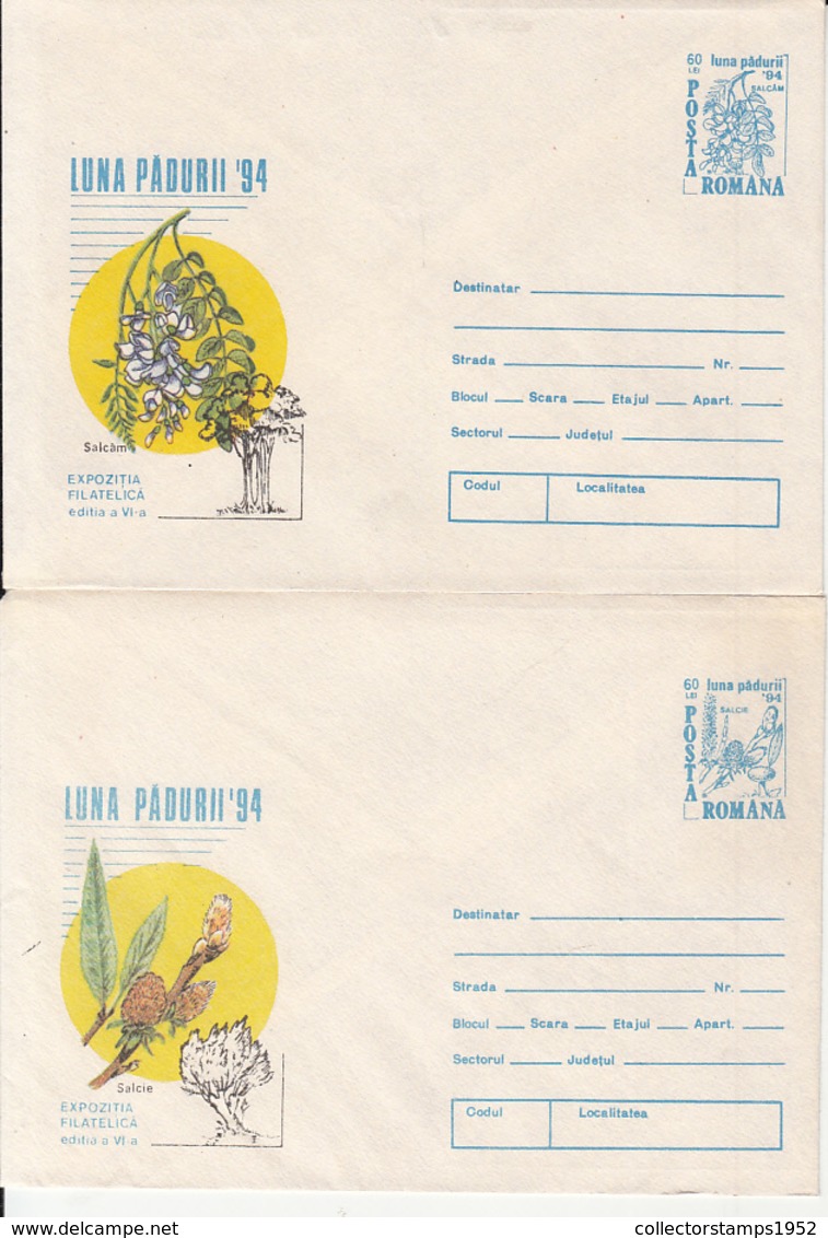 81247- ACACIA, WILLOW, TREES, MUSHROOMS, PLANTS, COVER STATIONERY, 2X, 1994, ROMANIA - Paddestoelen