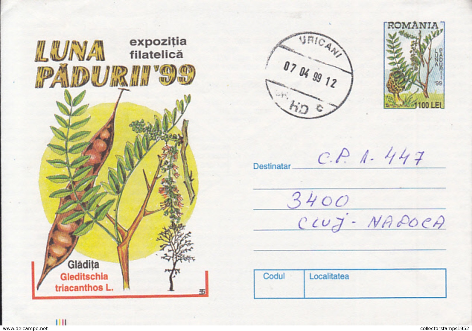 81248- HONEY LOCUST, TREES, MUSHROOMS, PLANTS, COVER STATIONERY, 1999, ROMANIA - Hongos