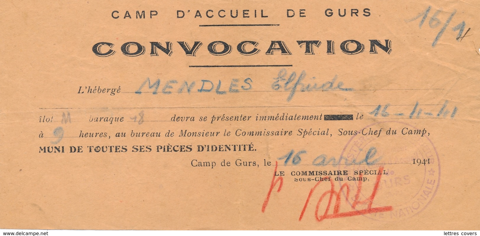 16/4/41 CAMP DE GURS INTERNÉS CIVIL - CONVOCATION + CACHET " CAMP D'ACCUEIL DE GURS " RÉFUGIÉS CONCENTRATION LETTRE - Historische Documenten