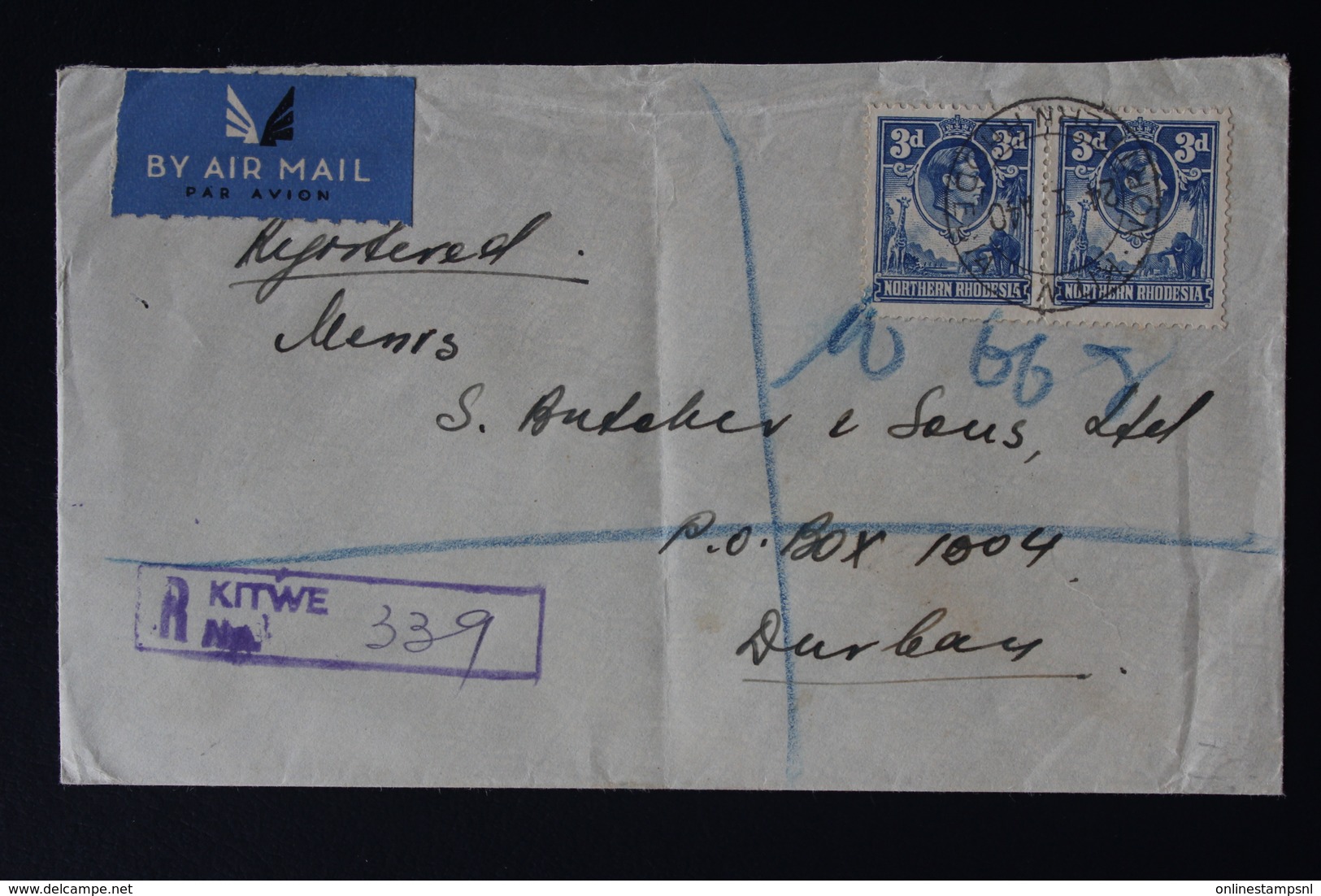 NORTHERN RHODESIA REGISTERED COVER KITWE -> DURBAN 21-1-1940 SG 34 * 2 BACK: DUPLICATE DURBAN - Northern Rhodesia (...-1963)