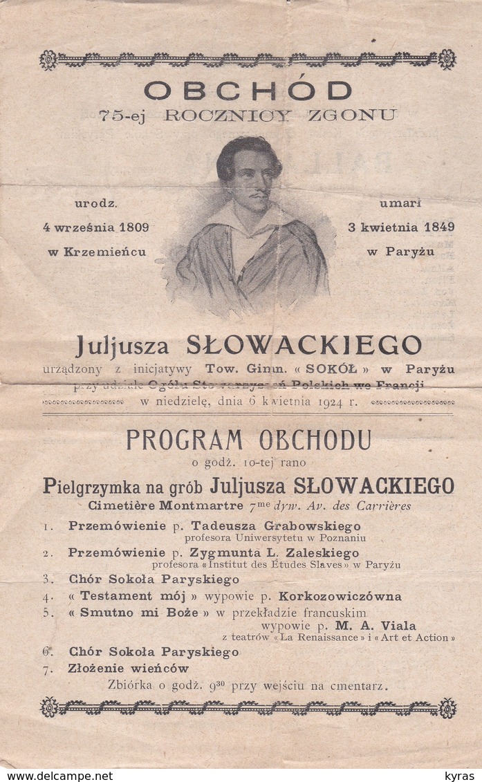 Programme De Musique 15x23  (Program OBCHODOU) OBCHOD 75 -ej  ROCZNICY ZGONU Juljusza SLOWACKIEGO (1924) - Programmes