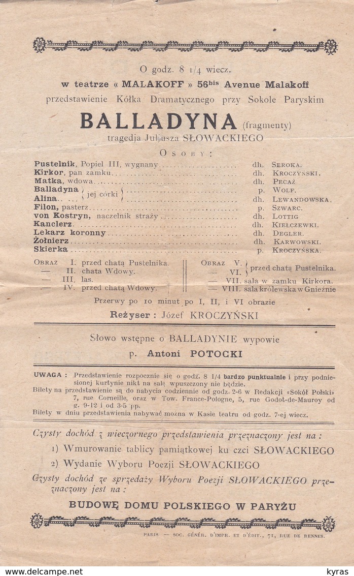 Programme De Musique 15x23  (Program OBCHODOU) OBCHOD 75 -ej  ROCZNICY ZGONU Juljusza SLOWACKIEGO (1924) - Programme