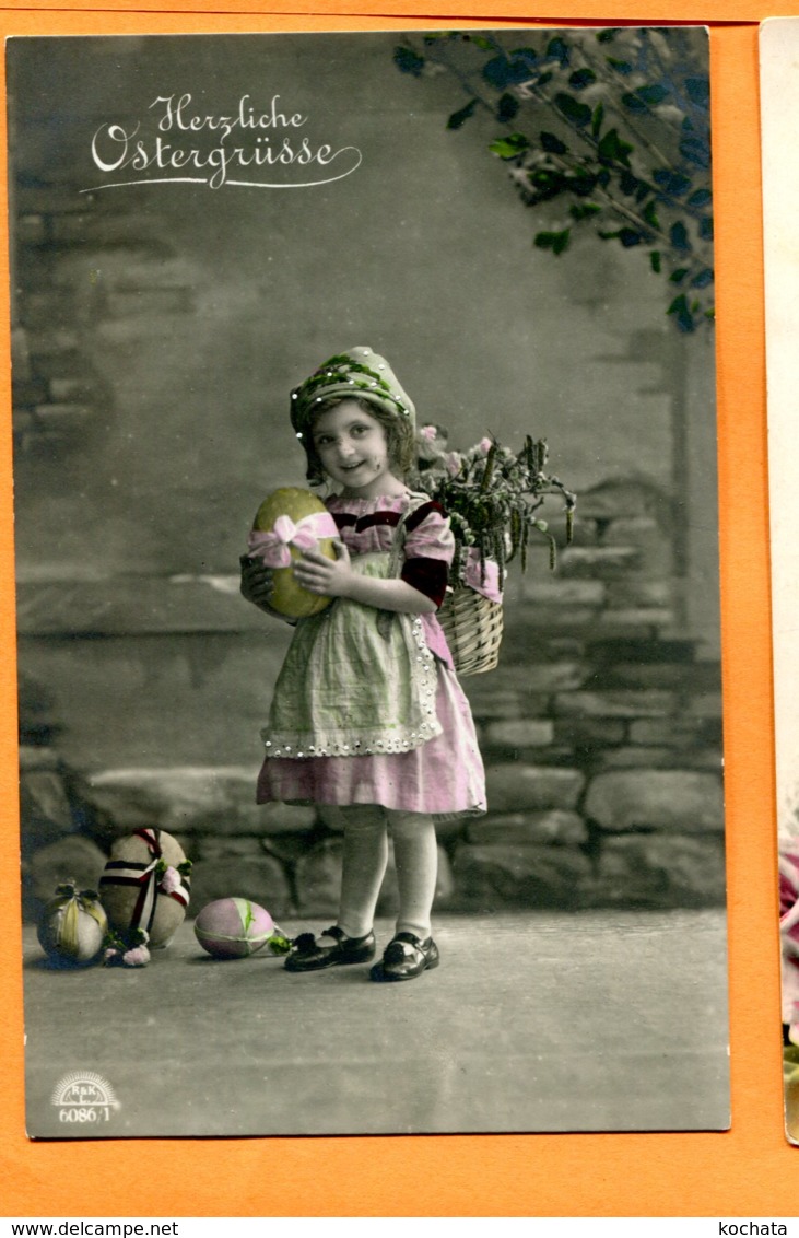 I066, Petite Fille Avec Une Hotte Remplie De Fleurs, Oeufs De Pâques, Circulée Sous Enveloppe - Pasqua