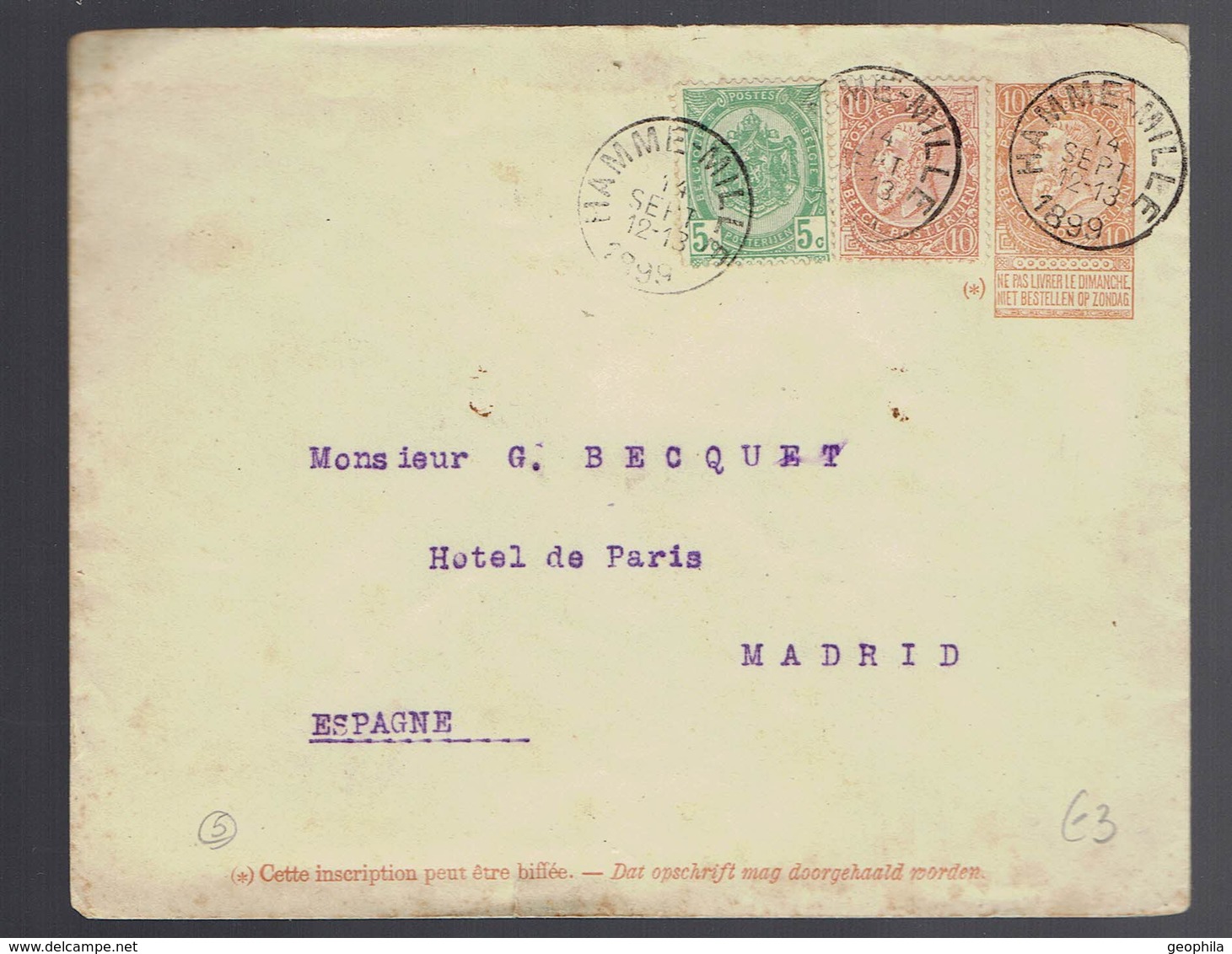 Enveloppe N°5 + 56 + 57 Sans Bandel. Dominicales Hamme-Mille 14 SEPT 1899 Vers Madrid ( Espagne ) 17 SEP 99 ( Estafeta ) - Sobres