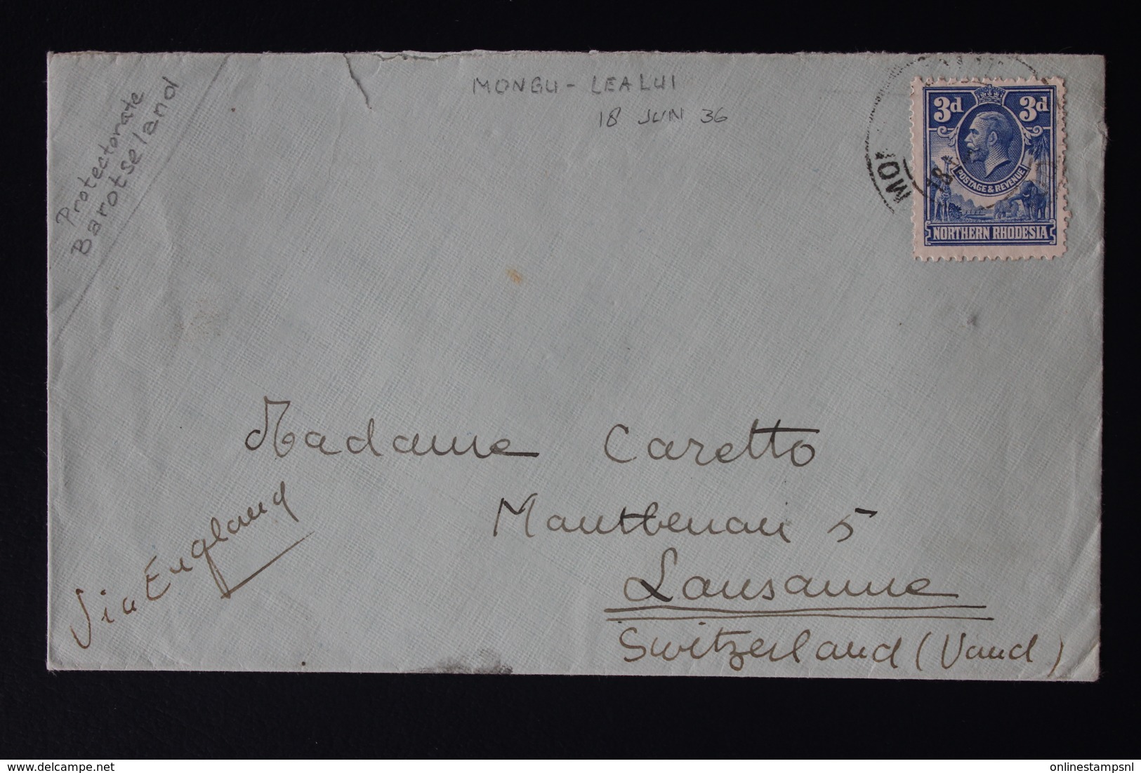 NORTHERN RHODESIA COVER P.O. MONGU LEALUI PROTECTORATE BAROTSELAND RR TO LAUSANNE 18-6-1936 SG 6 - Rhodésie Du Nord (...-1963)