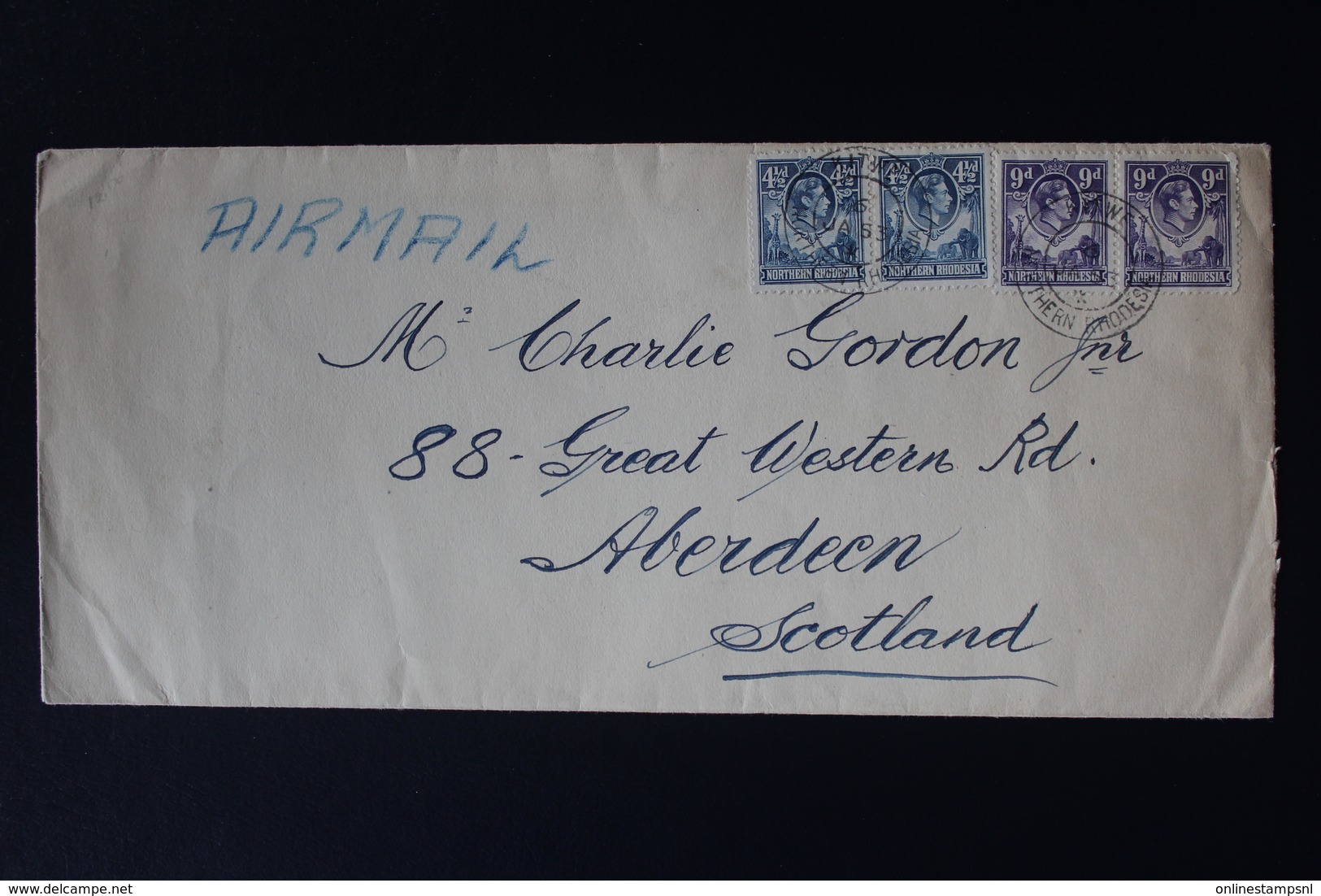 NORTHERN RHODESIA AIRMAIL COVER KITWE -> ABERDEEN 6-1-1953 SG 37 + 39  2* - Rodesia Del Norte (...-1963)