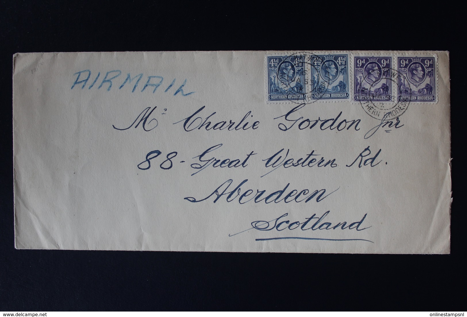 NORTHERN RHODESIA AIRMAIL COVER KITWE -> ABERDEEN 6-1-1953 SG 37 + 39  2* - Rhodésie Du Nord (...-1963)