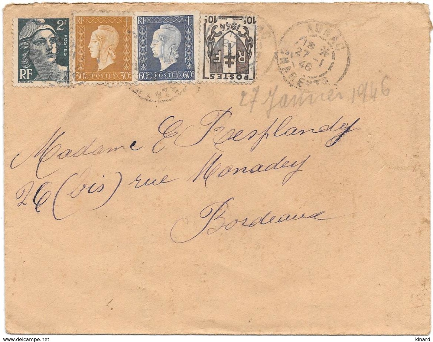 LETTRE  DE AUNAC CHARENTE  POUR BORDEAUX 1946...MARIANNE DULAC N°683.686....N°670 N°713 ..BE. - Lettres & Documents