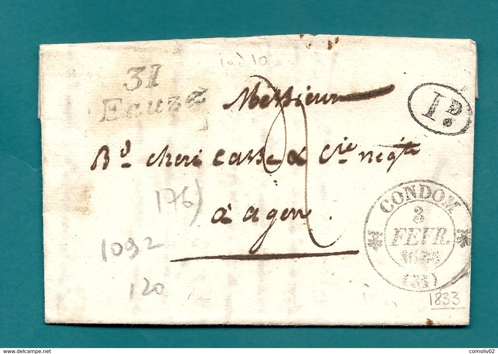 Gers - Eauze Pour Agen. Cursive + CàD Type 12 De CONDOM. 1833 - 1801-1848: Vorläufer XIX