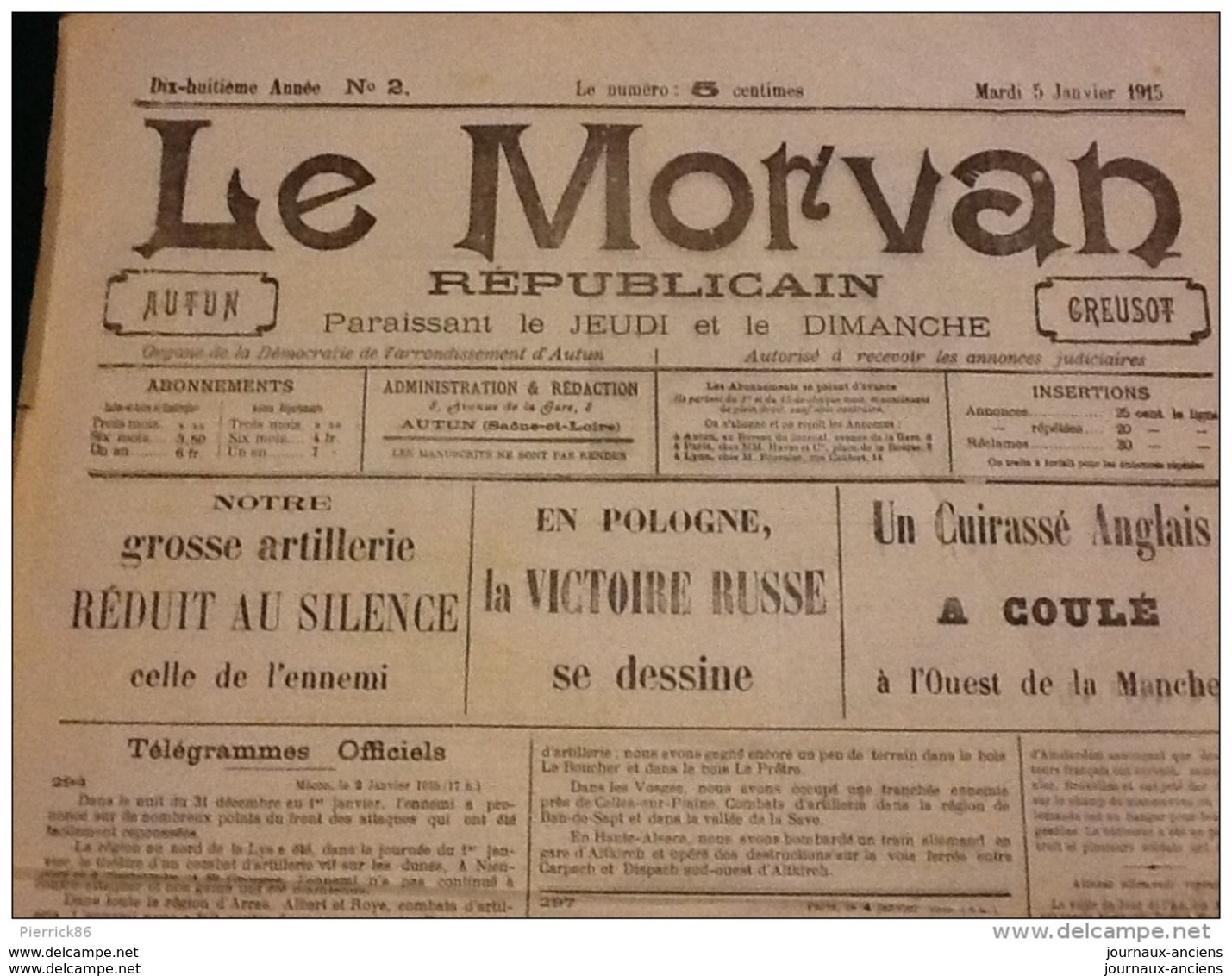 WW1 LA MORVAN RÉPUBLICAIN Du 5 Janvier 1915 Cuirassé Anglais / Pologne / Misère De Guerre / Cheminots / AUTUN - Français