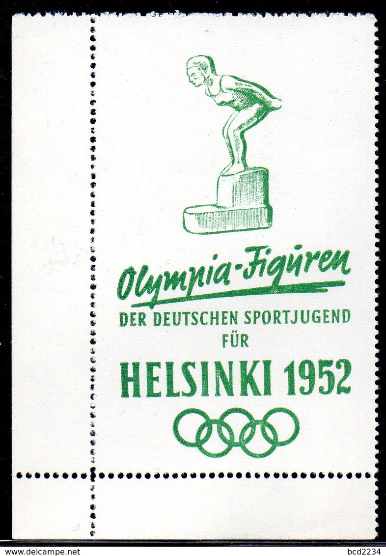GERMANY RARE OLYMPIA-FIGUREN DER DEUTSCHEN SPORTJUGEND FUR HELSINKI 1952 GREEN MARGINAL POSTER STAMP SWIMMING SWIMMER - Sommer 1952: Helsinki