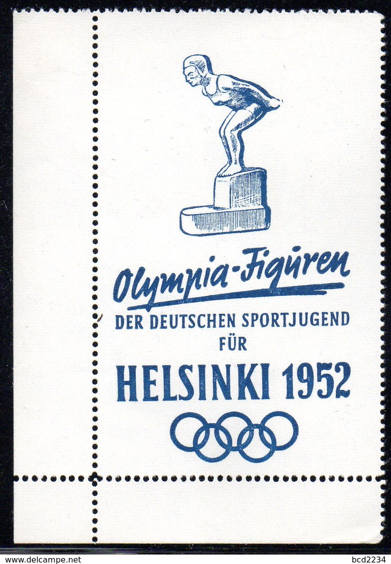 GERMANY RARE OLYMPIA-FIGUREN DER DEUTSCHEN SPORTJUGEND FUR HELSINKI 1952 BLUE MARGINAL POSTER STAMP SWIMMING SWIMMER - Sommer 1952: Helsinki