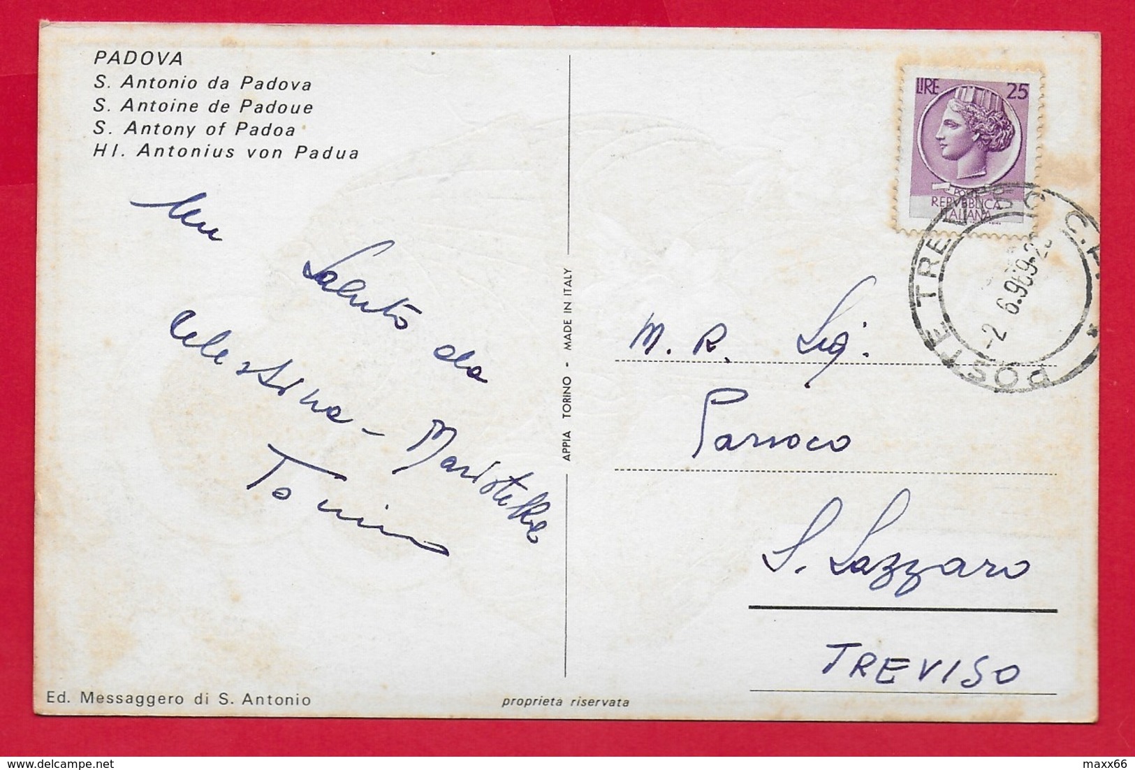 CARTOLINA VG ITALIA - S. ANTONIO DA PADOVA - Ed. Messaggero Di S. Antonio - METALLIZZATA - 10 X 15 - 1969 - Santi