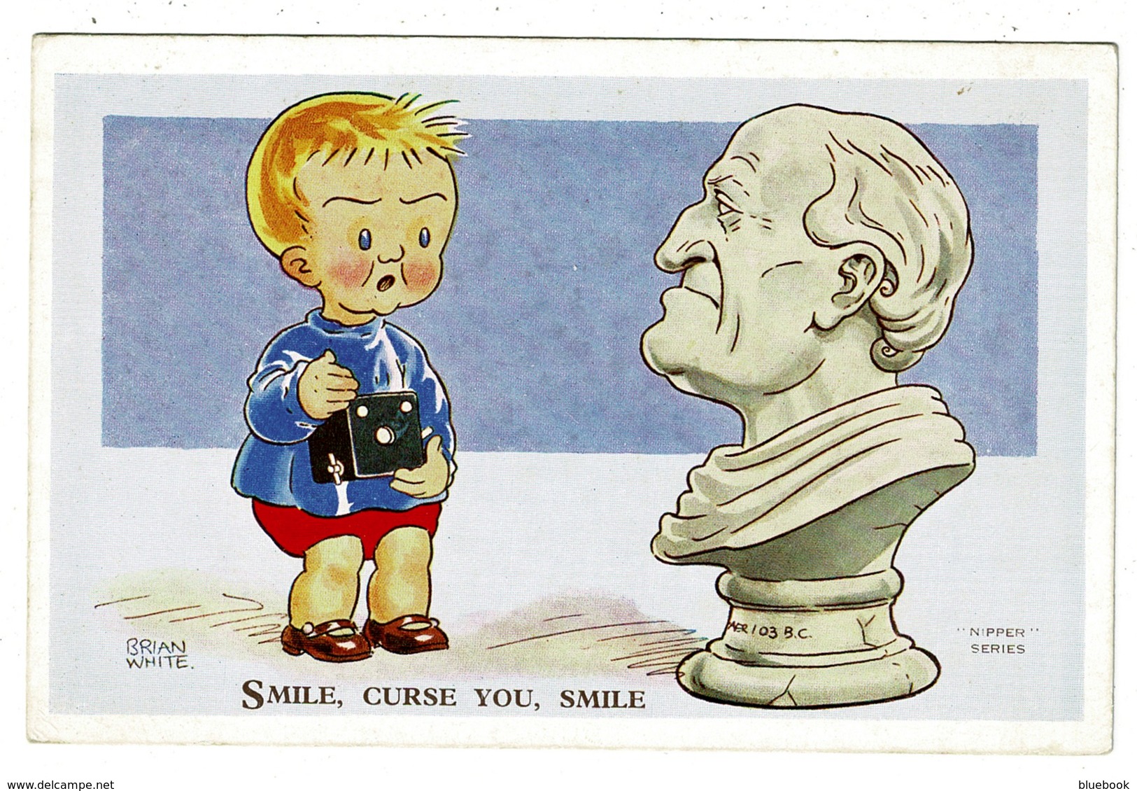 Ref 1323 - Brian White Nipper Humour Comic Postcard - "Smile Curse You Smile" Boy & Camera With Statue - Humour