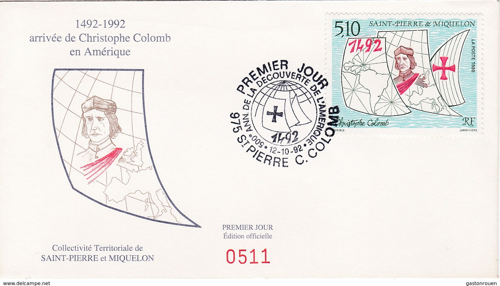 FDC PREMIER JOUR  Saint-Pierre Et Miquelon 1992  569 Christophe Colomb - FDC