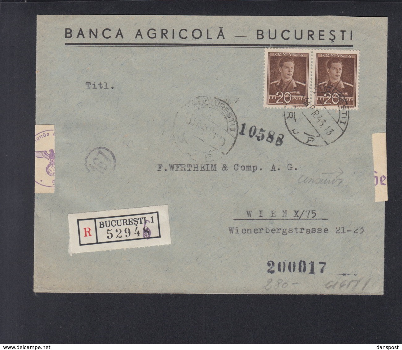 Romania Banca Agricola Registered Cover 1943 To Vienna Censor - World War 2 Letters