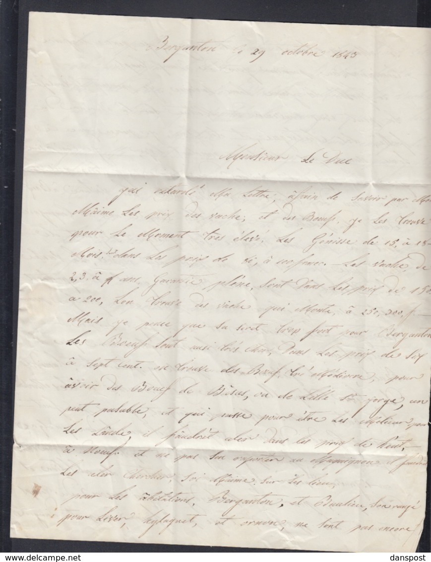 Lettre 1843 Berganton Pessac Pour Le Duc De Lorge Beaugeney Loiret - 1801-1848: Precursors XIX