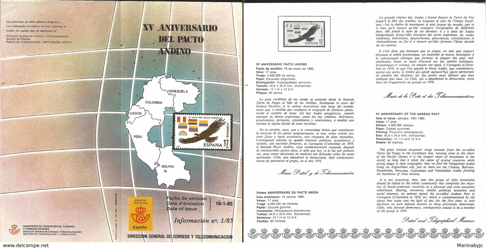 V) 1985 SPAIN, XV ANNIVERSARY OF THE ANDEAN PACT, FDB - Neufs