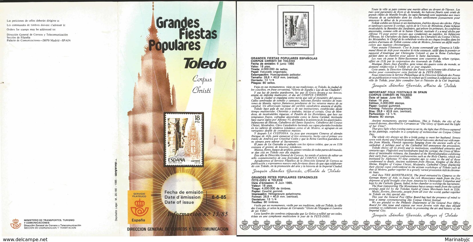 V) 1985 SPAIN, IMPORTANT FOLK FESTIVAL IN SPAIN CORPUS CHRISTI IN TOLEDO, FDB - Neufs