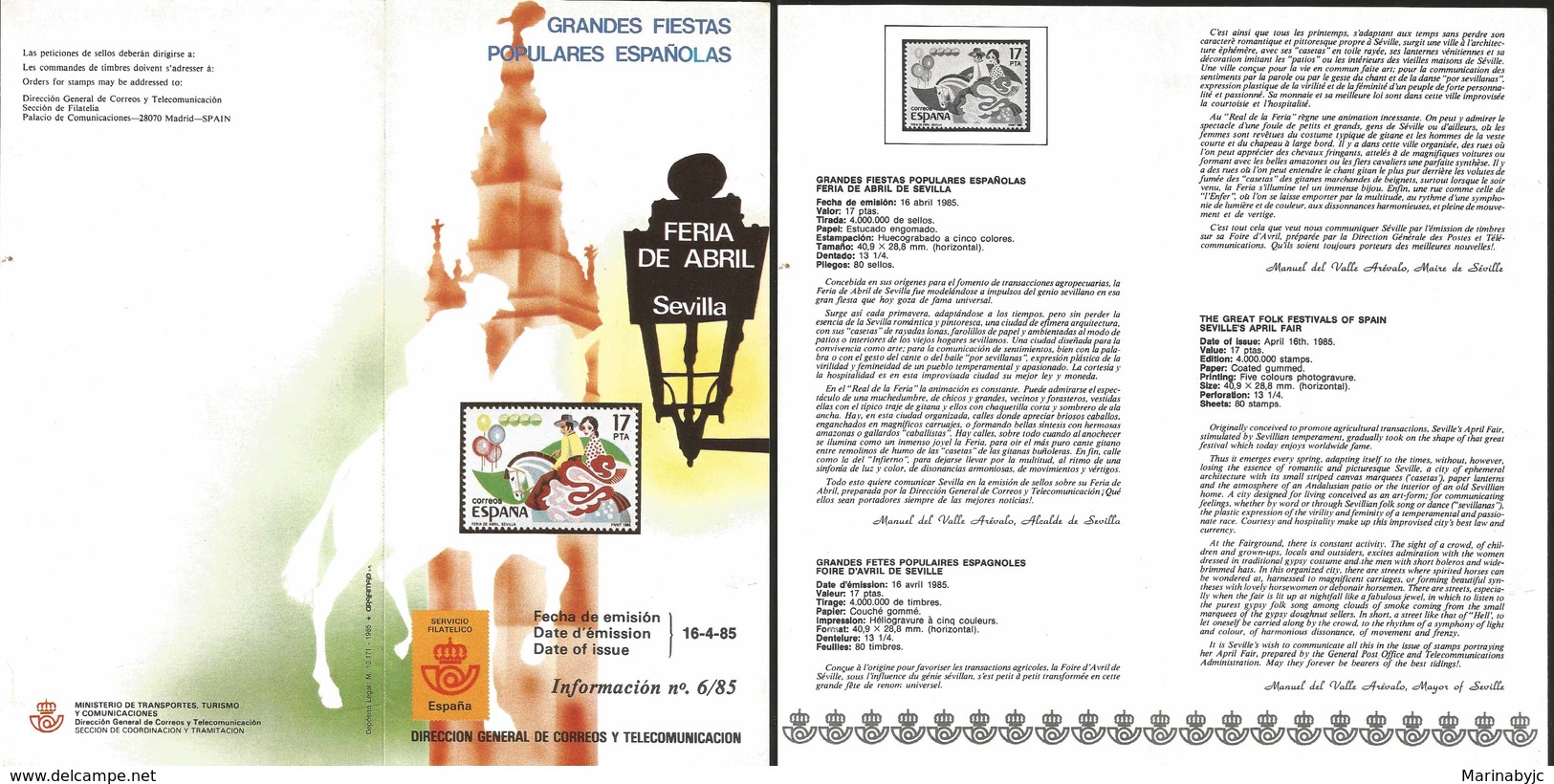 V) 1985 SPAIN, THE GREAT FOLK FESTIVALS OF SPAIN SEVILLE'S APRIL FAIR, FDB - Neufs