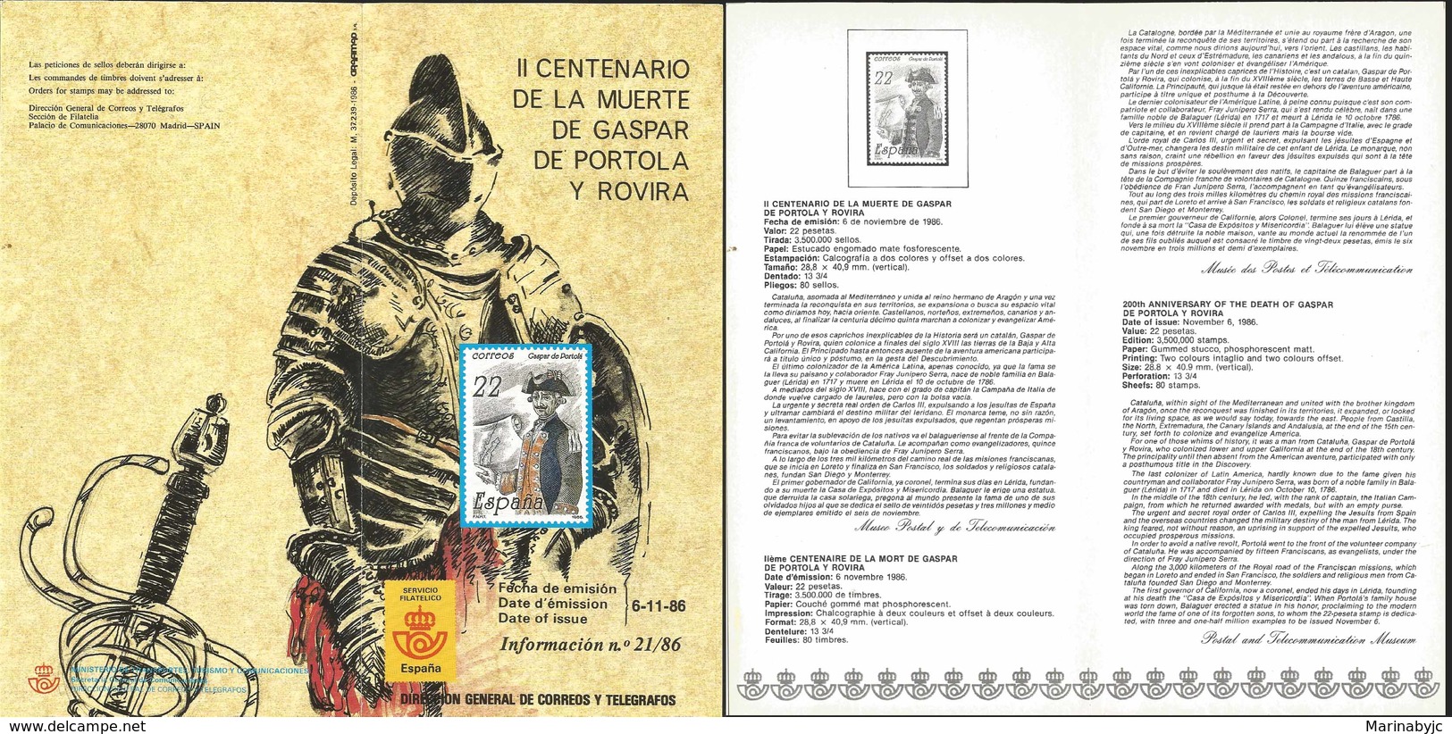 V) 1986 SPAIN, 200TH ANNIVERSARY OF THE DEATH OF GASPAR DE PORTOLA Y ROVIRA, FDB - Neufs